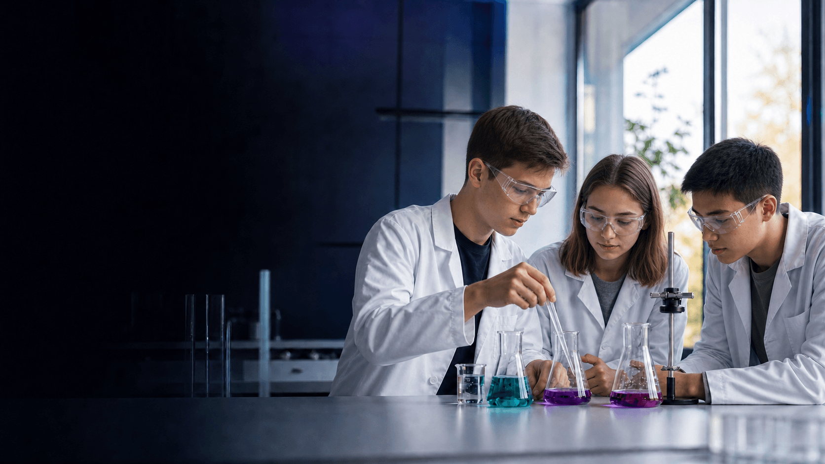 Trije dijaki med skupnim kemijskim poskusom v sodobnem laboratoriju